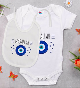 BK Kids Maşallah Tasarımlı Beyaz Bebek Body Zıbın ve Mama Önlüğü Hediye Seti-1