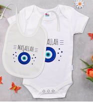 BK Kids Maşallah Tasarımlı Beyaz Bebek Body Zıbın ve Mama Önlüğü Hediye Seti-1