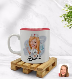 BK Gift Kişiye Özel Hemşire Karikatürlü İçi Kırmızı Renkli Kupa Bardak Model 2