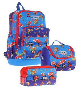 Kaukko Kids Üçlü İlkokul 1.2.3.4. Sınıf Okul Çanta Seti - Mavi Kırmızı - Erkek Çocuk - Silikon Aksesuarlı