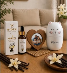 Kişiye Özel Meow Yazılı H2O Ultrasonik Hava Nemlendirici Cihaz Kalp Çerçeve ve Vanilya 20 Ml Ortam Kokusu