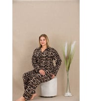 Amora Secret Büyük Beden Leopar Desenli Düğmeli Uzun Kol Viskon Pijama Takımı