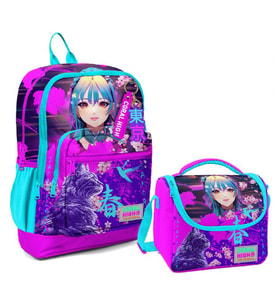 Coral High Dört Bölmeli Kız Çocuk Okul Sırt Çantası ve Beslenme Seti - Mor Pembe Anime Kedi