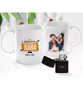 BK Gift Kişiye Özel Babalar Günü Hediyesi Fotoğraflı Kupa Bardak ve Benzinli Çakmak Seti-50 (Model 1)