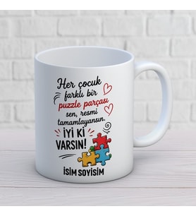 Kişiye Özel Her Çocuk Farklı Bir Puzzle Parçası Baskılı Kupa – Puzzle Tasarımlı Öğretmen Kupası