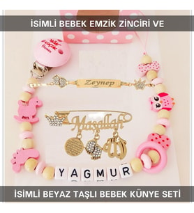 Sahi Aksesuar İsimli Bebek Emzik Zinciri ve İsimli Bebek Künye Seti BEZYI681