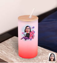 BK Gift Kadınlar Gününe Özel Karikatürlü Kırmızı Renk Pipetli Buzlu Cam Bardak 600ml - 1, 8 Mart Kadınlar Günü