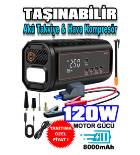 HT15 2 Fonksiyonlu Araç Akü Takviye ve Lastik Şişirme Cihazı Hava Kompresörü – 120W Kompresör, LED Işıklı