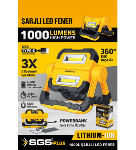 SGS5057 Katlanabilir Şarjlı Led Fener 1000 Lumen 3.7 Volt Mıknatıslı (Sarı)