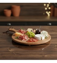 Ayaklı Akasya Sunum Tabağı ve Servis Tahtası (40x30 cm) Doğal Ahşap Modern Peynir, Şarküteri, Pizza ve Kahvaltı Tahtası Saplı ve Yükseltilmiş Ayaklı Sunumluk
