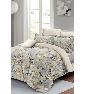 Çift Kişilik ( Lastikli Çarşaflı ) %100 Pamuk Saten Nevresim Takımı Grey Yellow Roses Luxury