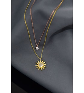 925 Ayar Gümüş Gold-rose Kaplama Zirkon Taşlı Asansörlü Tektaş Ve Güneş Kolye