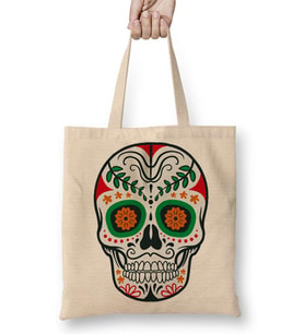 Renkli Ve Desenli Kuru Kafa Skull Bez Çanta Uzun Saplı