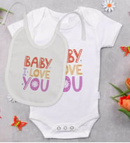 BK Kids Baby I Love You Tasarımlı Bebek Body Zıbın ve Mama Önlüğü Hediye Seti - Model 1