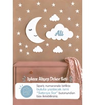 İsme Özel Ahşap Ay ve İsimli Bulut Bebek Odası Duvar Dekor Seti