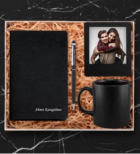 Kişiye Özel Siyah Defter & Siyah Kalem & Siyah Kupa Bardak & Fotoğraflı Instagram Çerçeve