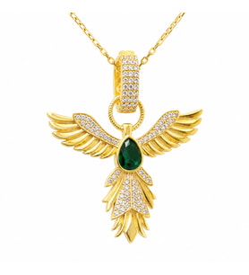 Gümüş Gold Zümrüt Taşlı Anka Kuşu Kadın Kolye
