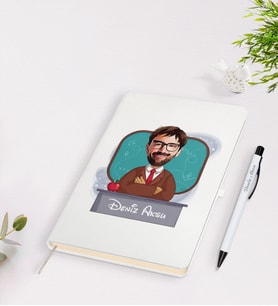 BK Gift Kişiye Özel Erkek Öğretmen Karikatürlü Beyaz Defter Kalem Seti - 3
