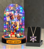 Sizlere Özel Renkli Led Işıklı Fanus ve Gerçek Ametist Taşlı Lotus Kolye (Model 1)
