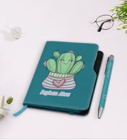 BK Gift Kişiye Özel Kaktüs Tasarımlı Turkuaz Termo Deri Defter Kalem Seti-2