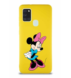 Samsung Galaxy A21S Soft Premier Kapak Minnie Mouse-F Tasarımlı Silikon Kılıf - Sarı (Şeffaf)
