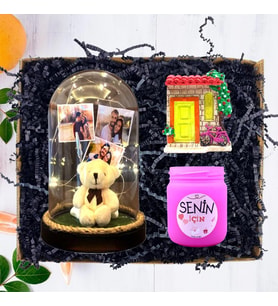Kişiye Özel 3 Fotoğraflı Peluş Ayıcıklı Fanus (Işıklı), Kokulu Pembe Mum ve Magnet Hediyesi