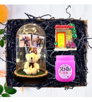 Kişiye Özel 3 Fotoğraflı Peluş Ayıcıklı Fanus (Işıklı), Kokulu Pembe Mum ve Magnet Hediyesi