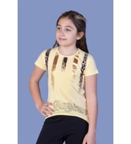 Toontoy Kız Çocuk Varak Baskılı Taş İşlemeli Tişört (Sarı)
