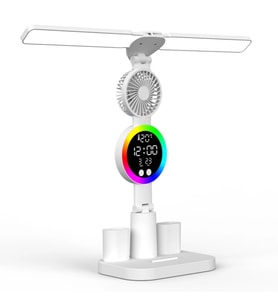 ShopyTech Çift Başlıklı LED Masa Lambası Fanlı Dijital Saatli RGB Ambiyans Dokunmatik Type-C Şarjlı
