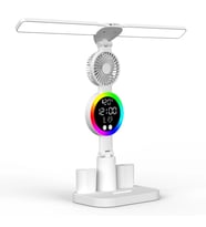 ShopyTech Çift Başlıklı LED Masa Lambası Fanlı Dijital Saatli RGB Ambiyans Dokunmatik Type-C Şarjlı