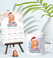 BK Gift Kişiye Özel Kadın Yılbaşı Karikatürlü Kupa Bardak ve 13x18cm Fotoğraf Kartlı Şövaleli 2024 Takvim Hediye Seti-3