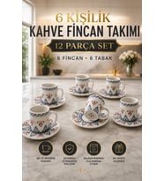 Seramik 12 Parça El Dekorlu Kabartma Desenli Türk Kahvesi Fincan Takımı 6 Kişilik 100 ml