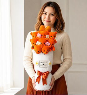Premium Turuncu Peluş Ayıcık Kalp Yastıklı Peluş Vazo Tasarımlı Ayıcık Buketi