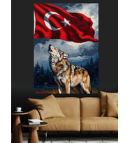 Türk Bayrağı Ve Uluyan Bozkurt Dekoratif Kanvas - Mdf Ahşap Tablo