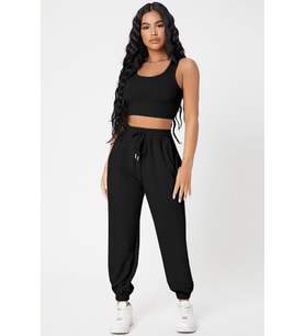 Kadın Siyah Kaşkorse Cepli Jogger Eşofman Altı ve Crop Top Bluz