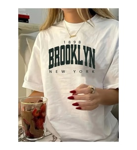 Baskılı Oversize Bisiklet Yaka T-shirt - Beyaz