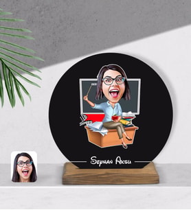BK Gift Kişiye Özel Kadın Öğretmen Karikatürlü Yuvarlak Ahşap Biblo-2