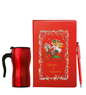 Sevgililer Gününe Özel Deri Kırmızı Defter Kalem & Termos Mug Hediye Seti 6