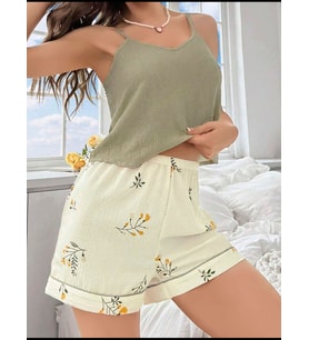 Fantezia Night Kadın Ekru Çiçek Baskılı Şortlu Gecelik Pijama Takımı 5099