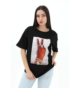 Bisiklet Yaka El Baskılı Süprem T-shirt - Siyah