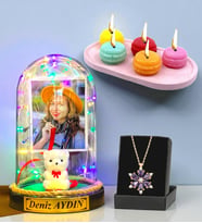 Kişiye Özel Renkli Led Işıklı Fanus, Makaron Mum ve Gerçek Ametist Taşlı Lotus Kolye (Model 1)