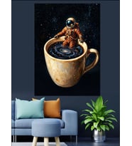 Kahve Fincanı İçinde Uzayda Astronot Dekoratif Kanvas - Mdf Ahşap Tablo