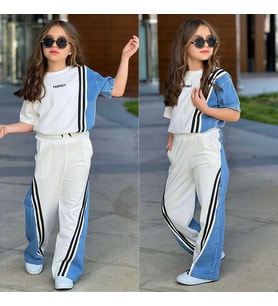 Kız Çocuk Çizgi Detaylı Denim Garnili Eşofman Takımı – Rahat & Trend Stil 6492B