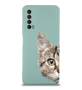 Huawei P Smart 2021 Uyumlu Lansman Kılıf Catface Tasarımlı İçi Kadife Kapak-Turkuaz (Şeffaf)