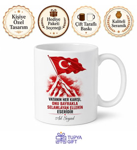 Zafer Bayramı Bayrak Tutan Eller Kırmızı Beyaz Vatan Kupası Hediye Bardak