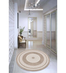 Bej Çerçeveli Kaymaz Tabanlı Yıkanabilir Yuvarlak Halı AR925 - 100 x 100 cm