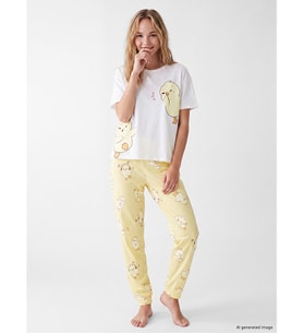 LCW Young Sarı Bisiklet Yaka Civciv Baskılı Kadın Pijama Takımı