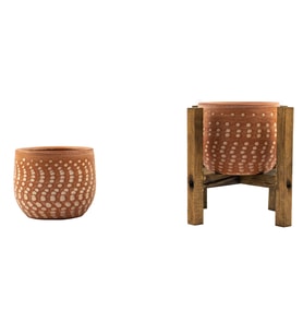 Bitki Tasarımı Ev Dekorasyon Beyaz Nokta Desenli Terakota Toprak Saksı Saksılık Salon Çiçeklik İkili Set Ayaksız, 4 Ayaklı 12 Cm