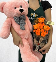 Kişiye Özel 3'lü Peluş Ayıcık Buketi ve Büyük Boy Pembe Peluş Ayıcık (Model 3)