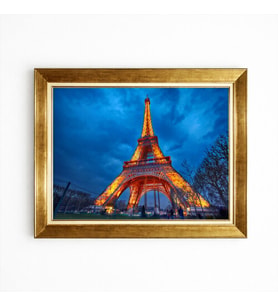 Tablore Altın Çerçeveli Gece Işıklı Paris Eyfel Kulesi Tablosu Modern Salon Duvar Resmi